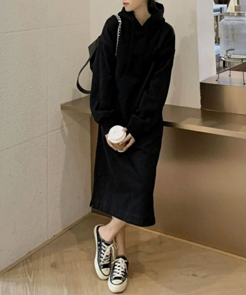 裏起毛 ロングパーカーワンピース 着やせ レディース 大人カジュアル ロングワンピース 体型カバー サイドスリット ゆったりフーディーワンピース スウェットワンピ 83JIXI-002