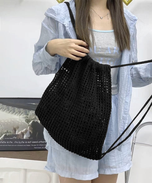メッシュリュックサックニットナップサック レディース メッシュ編み鞄 大人可愛い ドローストリングバッグ お洒落巾着リュック 通気性かばん 軽量バッグ 旅行鞄黒 83JIXIN-002