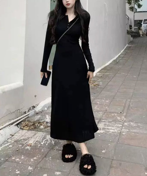 リブニットワンピース 長袖 ロングワンピ レディース フロントボタンワンピース タイトめシルエット 大人可愛い Vネックボディコンワンピ 無地ストレッチワンピ秋冬 83JXX-001