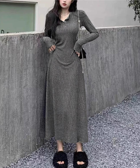 リブニットワンピース 長袖 ロングワンピ レディース フロントボタンワンピース タイトめシルエット 大人可愛い Vネックボディコンワンピ 無地ストレッチワンピ秋冬 83JXX-001