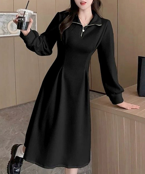 ハーフジップワンピース長袖ウエストタック レディース 襟付きワンピース 体型カバー Aラインワンピ きれいめカジュアル 無地オシャレ 大人上品フレアワンピース春秋 83KMIER-003