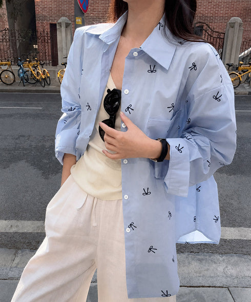 総柄リボンシャツブラウス ゆったりシャツ レディース オーバーサイズ 日焼け対策トップス 体型カバー ロングシャツ ビッグシルエット羽織り 着やせ春夏秋服 韓国風 83LAIYIGE-001