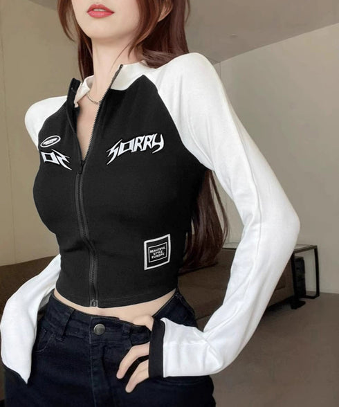 ロゴジップアップ クロップドトップス長袖 レディース バイカラータイトトップス へそ出しカットソー 自転車 バイク フィットネス サイクリングジャージ ショート丈 83LIULIUB-002