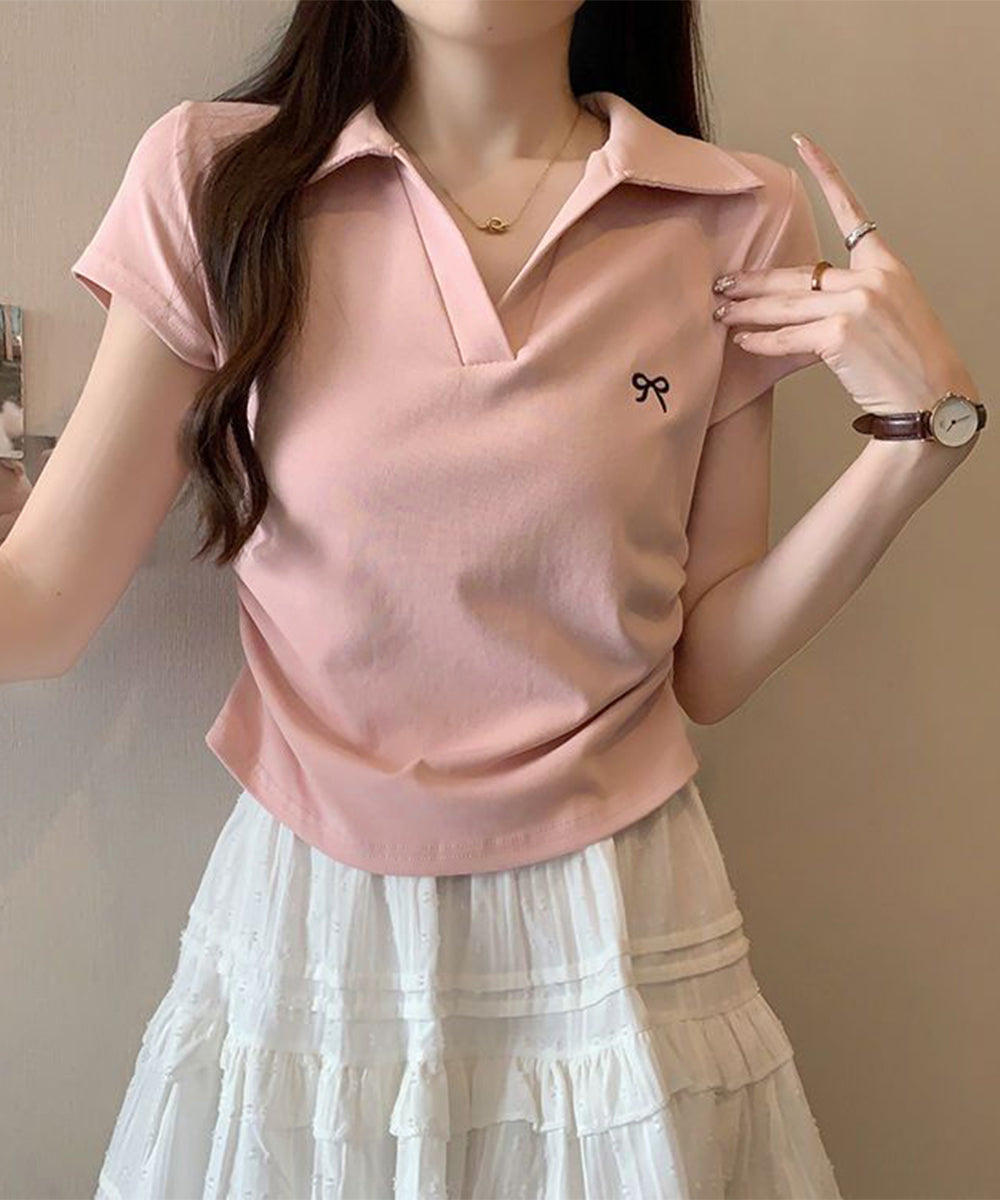 Vネックポロシャツ レディースTシャツ夏 ピンク