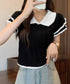 フリル袖サマーニット ポロブラウス配色襟 レディース ショート丈ニットトップス カジュアル 薄手ニットTシャツ 大人可愛い 着やせニットプルオーバー夏 ポロシャツ 83MEIYIM-001