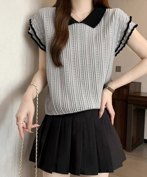 フリル袖サマーニット ポロブラウス配色襟 レディース ショート丈ニットトップス カジュアル 薄手ニットTシャツ 大人可愛い 着やせニットプルオーバー夏 ポロシャツ 83MEIYIM-001