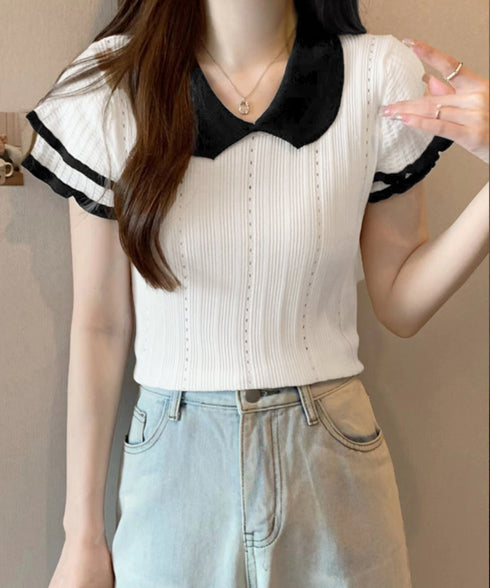 フリル袖サマーニット ポロブラウス配色襟 レディース ショート丈ニットトップス カジュアル 薄手ニットTシャツ 大人可愛い 着やせニットプルオーバー夏 ポロシャツ 83MEIYIM-001