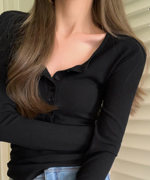 ハーフボタンカットソー長袖タイトtシャツ レディースヘンリーネックプルオーバー シンプル細見えTシャツ 着回しベーシックインナートップス フィットカットソー着やせ 83MIKE-001