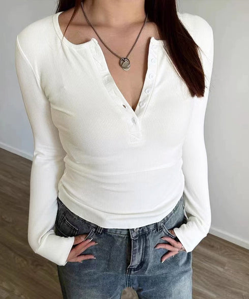 ハーフボタンカットソー長袖タイトtシャツ レディースヘンリーネックプルオーバー シンプル細見えTシャツ 着回しベーシックインナートップス フィットカットソー着やせ 83MIKE-001