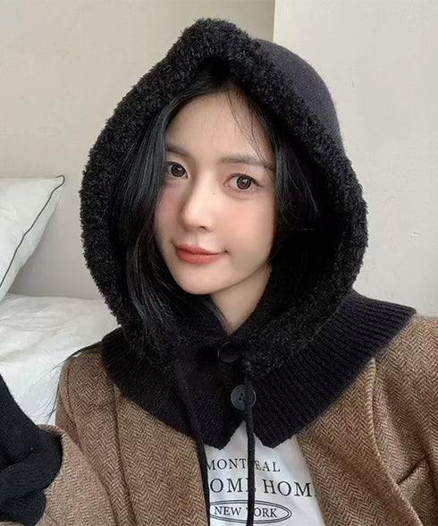 バラクラバニット帽ネックウォーマー一体型 暖かいフードウォーマー ボア防寒帽子耳当て付き 韓国風小顔帽子 可愛いペアルック帽子 防風ニットキャップ フードマフラー 83MQDZ-001