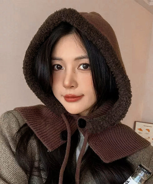 バラクラバニット帽ネックウォーマー一体型 暖かいフードウォーマー ボア防寒帽子耳当て付き 韓国風小顔帽子 可愛いペアルック帽子 防風ニットキャップ フードマフラー 83MQDZ-001