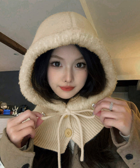 バラクラバニット帽ネックウォーマー一体型 暖かいフードウォーマー ボア防寒帽子耳当て付き 韓国風小顔帽子 可愛いペアルック帽子 防風ニットキャップ フードマフラー 83MQDZ-001