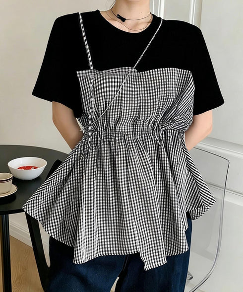 ドッキングペプラムブラウス 半袖トップス レディース ウエストマーク レイヤード風夏服 大人可愛い ウエストギャザートップス 体型カバーカットソーフレアシルエット 83MTHXZ-001