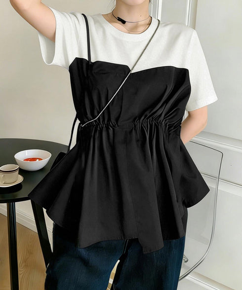 ドッキングペプラムブラウス 半袖トップス レディース ウエストマーク レイヤード風夏服 大人可愛い ウエストギャザートップス 体型カバーカットソーフレアシルエット 83MTHXZ-001