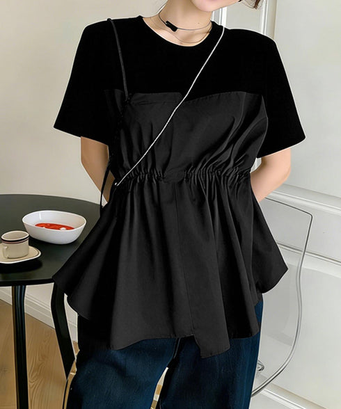 ドッキングペプラムブラウス 半袖トップス レディース ウエストマーク レイヤード風夏服 大人可愛い ウエストギャザートップス 体型カバーカットソーフレアシルエット 83MTHXZ-001