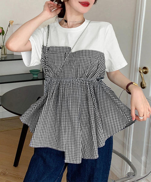 ドッキングペプラムブラウス 半袖トップス レディース ウエストマーク レイヤード風夏服 大人可愛い ウエストギャザートップス 体型カバーカットソーフレアシルエット 83MTHXZ-001