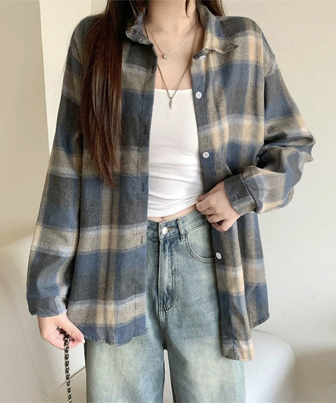 レディースチェックシャツブラウスレトロ風 大人カジュアル チェック柄シャツ ゆったりシャツカーディガン 長袖ライトアウター 体型カバー羽織り韓国風ビッグシャツ四季 83OUQING-002