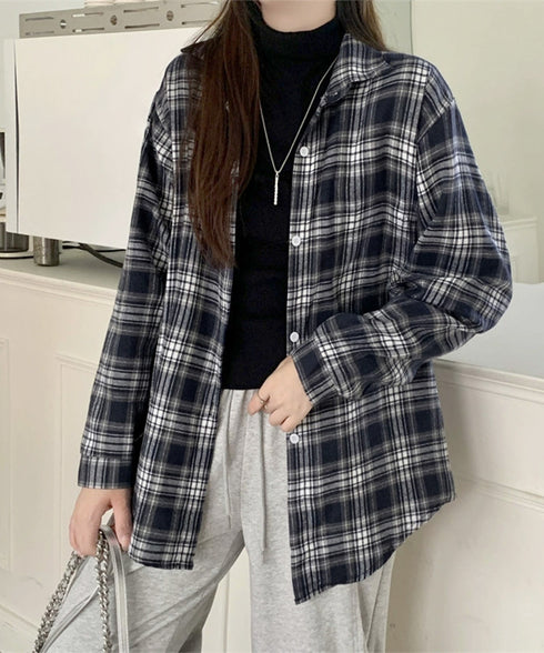 レディースチェックシャツブラウスレトロ風 大人カジュアル チェック柄シャツ ゆったりシャツカーディガン 長袖ライトアウター 体型カバー羽織り韓国風ビッグシャツ四季 83OUQING-002