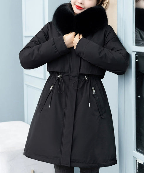 中綿ジャケット韓国風フェイクダウンコート レディース ミドル丈あったかアウター ヨーク付きコート ウエストマーク防風防寒コート ふわふわファーフード付きジャケット 83QUANLING-001