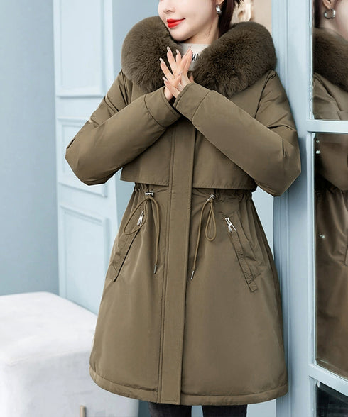 中綿ジャケット韓国風フェイクダウンコート レディース ミドル丈あったかアウター ヨーク付きコート ウエストマーク防風防寒コート ふわふわファーフード付きジャケット 83QUANLING-001