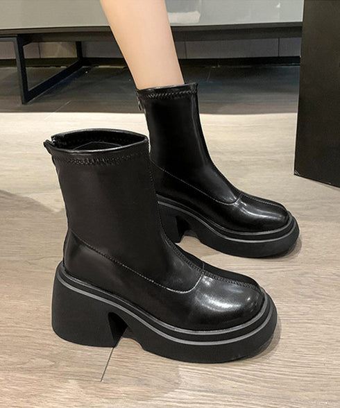 PUレザーショートブーツ バックジッパー 厚底ワークブーツ レディース ラウンドトゥ コンフォートブーツ 太ヒール 疲れにくい 靴 韓国風履きやすいくつ 通勤通学 83RAJL-014