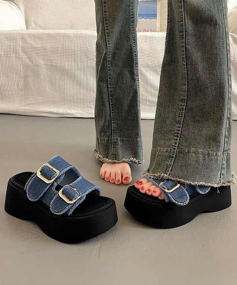 ダブルバックルサンダルデニム厚底サンダル ダブルベルト プラットフォームサンダル 履きやすい コンフォートサンダル 歩きやすい 身長アップサンダル カジュアル夏靴 83RAJL-020