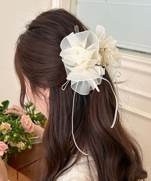 チュールバンスクリップリボンヘアクリップ バンスクリップ大きめ ビッグヘアクリップ ボリュームヘアアクセサリー 韓国風ヘアクリップ 大人可愛いヘアアクセ上品髪飾り 83SUIMIN-002