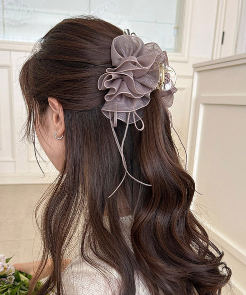チュールバンスクリップリボンヘアクリップ バンスクリップ大きめ ビッグヘアクリップ ボリュームヘアアクセサリー 韓国風ヘアクリップ 大人可愛いヘアアクセ上品髪飾り 83SUIMIN-002