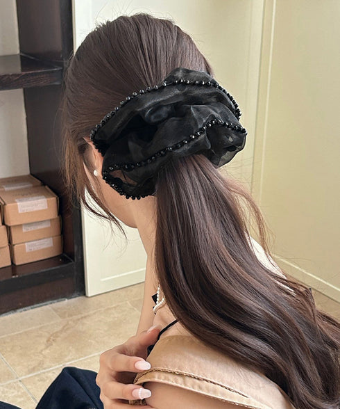 ドット柄シアーシュシュ ヘアアクセサリー 軽やかオーガンジーシュシュ フェミニンフリルまとめ髪 大人ガーリーヘアゴム韓国風ポニーテールヘアアクセ おしゃれヘア飾り 83SUIMIN-007