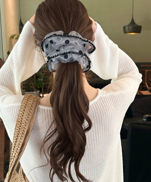 ドット柄シアーシュシュ ヘアアクセサリー 軽やかオーガンジーシュシュ フェミニンフリルまとめ髪 大人ガーリーヘアゴム韓国風ポニーテールヘアアクセ おしゃれヘア飾り 83SUIMIN-007