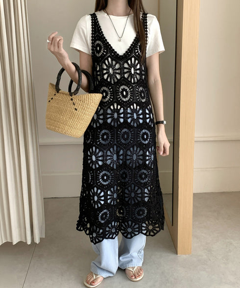 クロシェ編みキャミワンピースロングベスト かぎ針編みボヘミアンワンピース カットワーク刺しゅうワンピ 春夏秋服 透かし編みロングワンピ レイヤード Vネックワンピ 83SXD-003