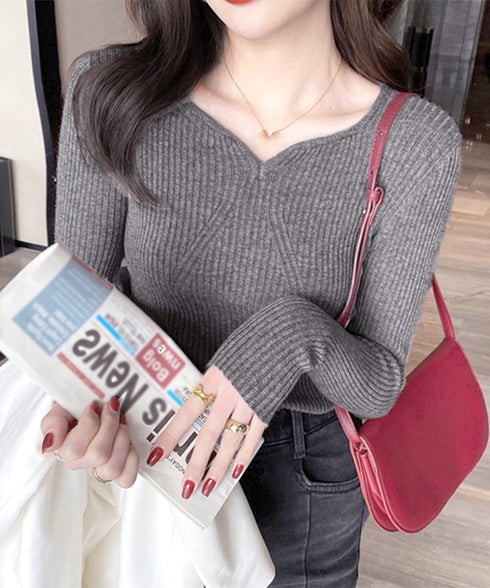 リブニットトップス レディース 大人秋服 ニットウェア ハートネック ニットプルオーバー 着回し ニットセーター 普段着 ニットソー 大人カジュアルニットインナー 83WANGY-001