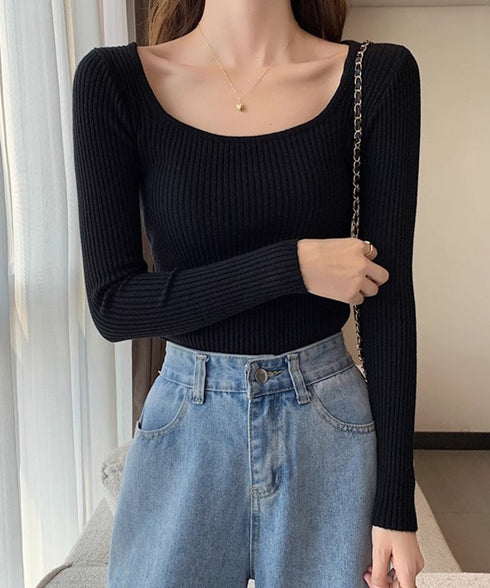 Uネックリブトップススクエアネックニット レディース 長袖ニットプルオーバー タイトフィットニット秋冬 韓国風大人可愛い ニットインナー SNS映えトップス着回し 83XIAOJU-001
