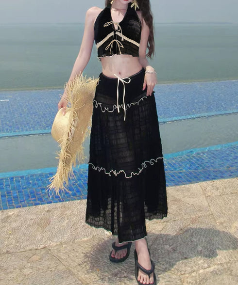 ホルターネックビキニ3点セット大人可愛い ホルタートップスセクシービキニボトム ティアードスカート おしゃれリゾート水着セット ビーチスタイルセパレートフリル水着 83XLUZI-001