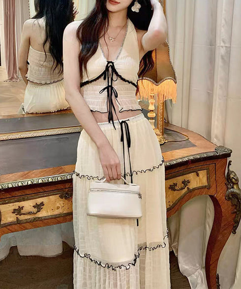 ホルターネックビキニ3点セット大人可愛い ホルタートップスセクシービキニボトム ティアードスカート おしゃれリゾート水着セット ビーチスタイルセパレートフリル水着 83XLUZI-001