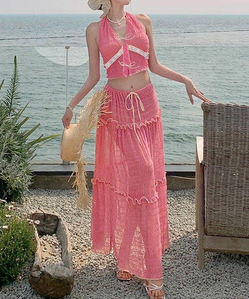 ホルターネックビキニ3点セット大人可愛い ホルタートップスセクシービキニボトム ティアードスカート おしゃれリゾート水着セット ビーチスタイルセパレートフリル水着 83XLUZI-001