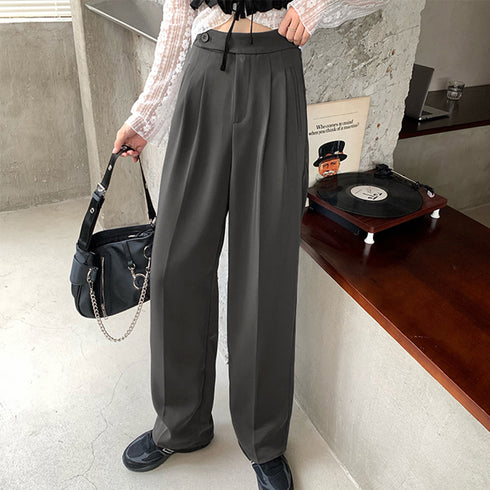 セミワイドパンツ レディース オフィス ロングパンツ ハイウエスト ストレートスーツパンツ ポケット付き タック入り ワイドスラックス 通勤 お洒落 韓国 83YATONG-070