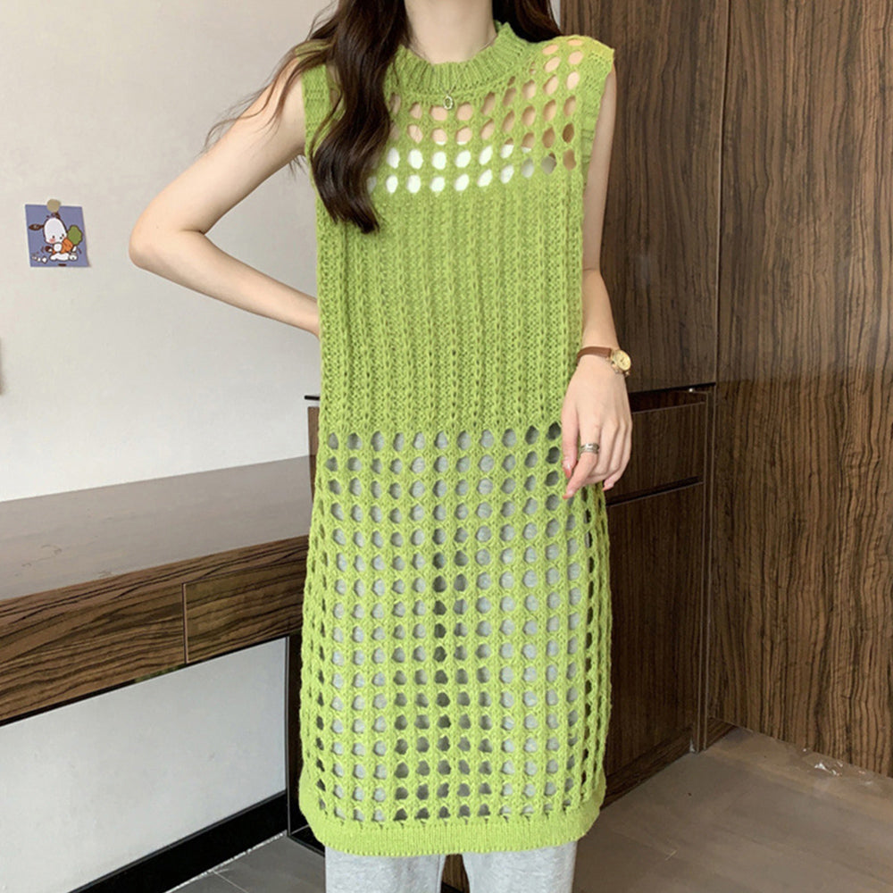 メッシュサマーニットワンピース スリット グリーン