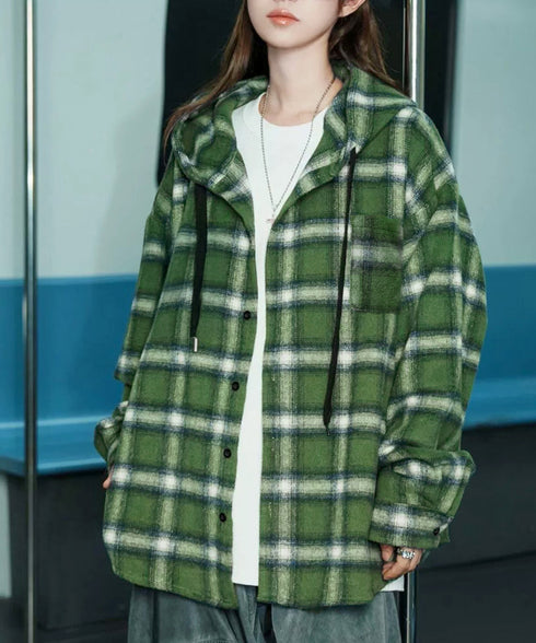 チェック柄フーデッドシャツレディース秋冬 微起毛BIGフードシャツ オーバーサイズシャツジャケット ミディアム丈レトロチェックシャツ ゆったりこなれ感秋服アウター 83YIGULI-001