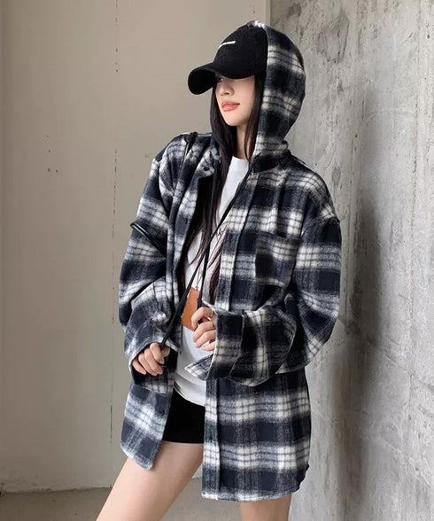 チェック柄フーデッドシャツレディース秋冬 微起毛BIGフードシャツ オーバーサイズシャツジャケット ミディアム丈レトロチェックシャツ ゆったりこなれ感秋服アウター 83YIGULI-001