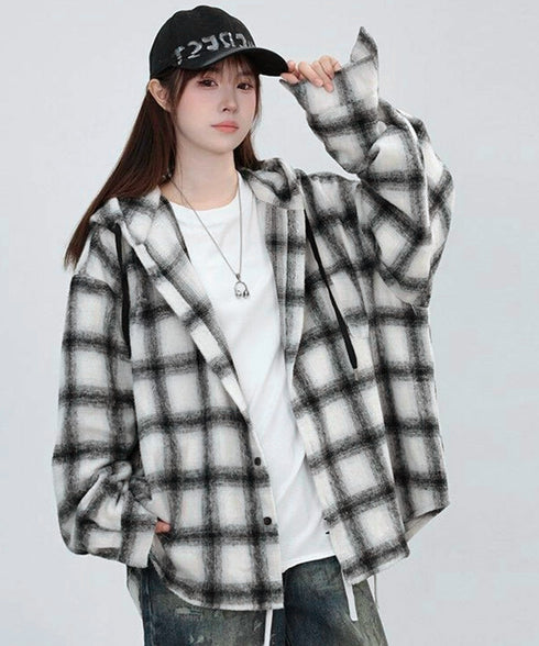 チェック柄フーデッドシャツレディース秋冬 微起毛BIGフードシャツ オーバーサイズシャツジャケット ミディアム丈レトロチェックシャツ ゆったりこなれ感秋服アウター 83YIGULI-001