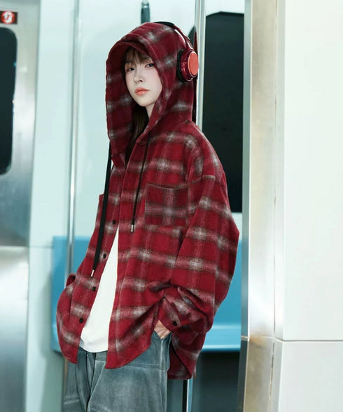 チェック柄フーデッドシャツレディース秋冬 微起毛BIGフードシャツ オーバーサイズシャツジャケット ミディアム丈レトロチェックシャツ ゆったりこなれ感秋服アウター 83YIGULI-001