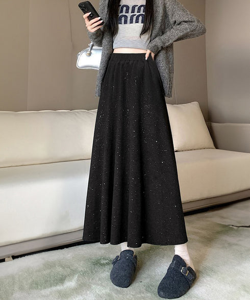 ラメ入りロングスカート キラキラスカート レディース フレアスカート ハイウエストAラインスカート カジュアルきれいめ 大人可愛いボトムス春秋冬 体型カバー韓国風 83YIKELI-003