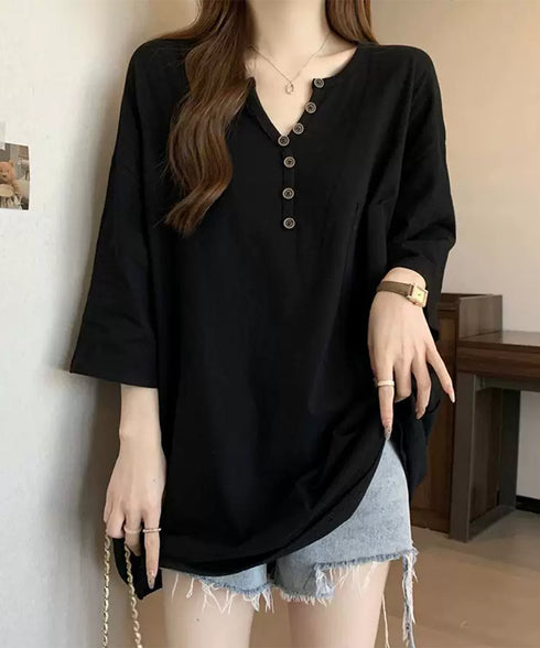 ゆったりチュニックTシャツヘンリーネック レディース オーバーサイズカットソー 体型カバーロングTシャツ ゆるシルエット ポケット付き Vネックプルオーバー韓国風 83YIKELI-004