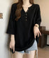 ゆったりチュニックTシャツヘンリーネック レディース オーバーサイズカットソー 体型カバーロングTシャツ ゆるシルエット ポケット付き Vネックプルオーバー韓国風 83YIKELI-004