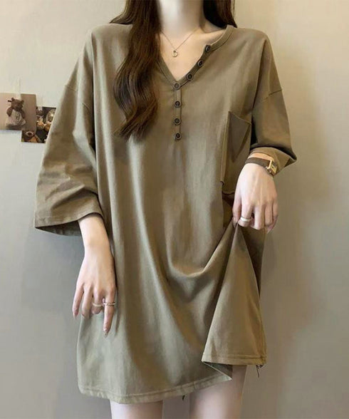 ゆったりチュニックTシャツヘンリーネック レディース オーバーサイズカットソー 体型カバーロングTシャツ ゆるシルエット ポケット付き Vネックプルオーバー韓国風 83YIKELI-004