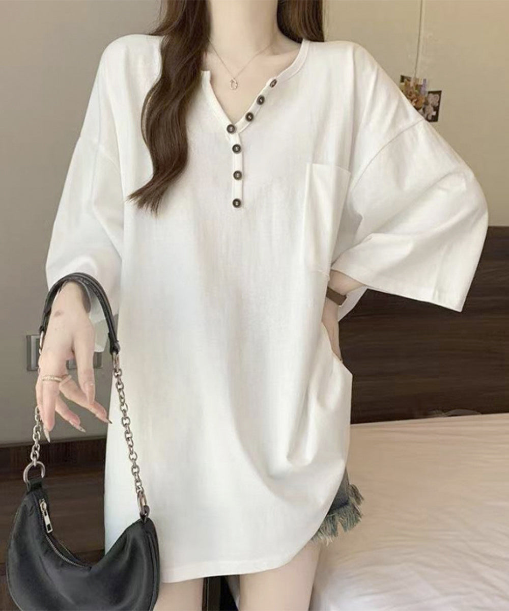 ゆったりチュニックTシャツヘンリーネック ホワイト