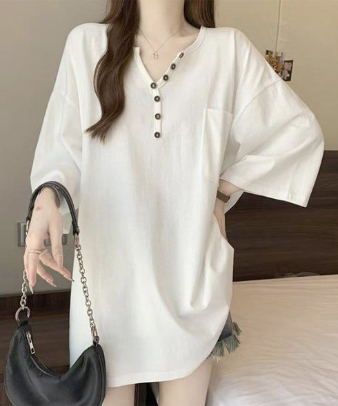 ゆったりチュニックTシャツヘンリーネック レディース オーバーサイズカットソー 体型カバーロングTシャツ ゆるシルエット ポケット付き Vネックプルオーバー韓国風 83YIKELI-004