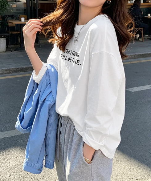ロゴプリント長袖TシャツレディースロンT シンプル 英字ロゴ オーバーサイズtシャツ ゆったり体型カバーロンT 韓国風 大人カジュアルトップス 着回しベーシックt 83YIKELI-005