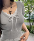 レースレイヤードテレコTシャツ着やせ夏服 レディース ヘンリーネック 半袖トップスショート丈 コンパクトリボンtシャツ大人可愛いニットソーUネック タイトトップス 83YIKELI-006